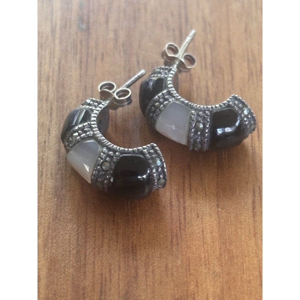Vtg 925 Sterling Silver Art Deco Style Black Onyx MOP Marcasite Earrings